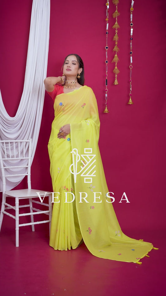 Fluorescent Yellow Mul Cotton Printed Saree with Elegant Floral