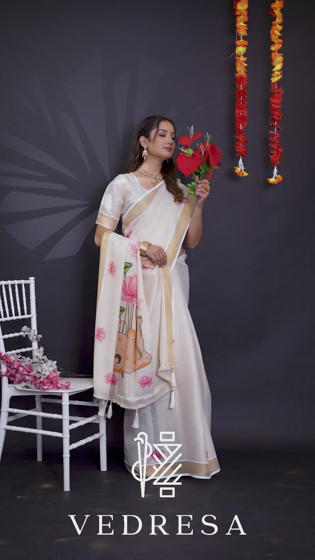 Cream Cotton Saree with Lotus & Traditional Elephant Print