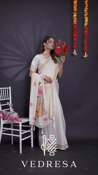 Cream Cotton Saree with Lotus & Traditional Elephant Print