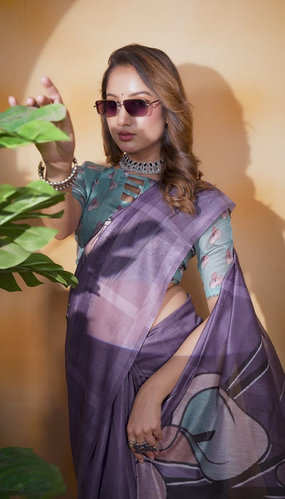 Lavender Cotton Saree with Floral Print