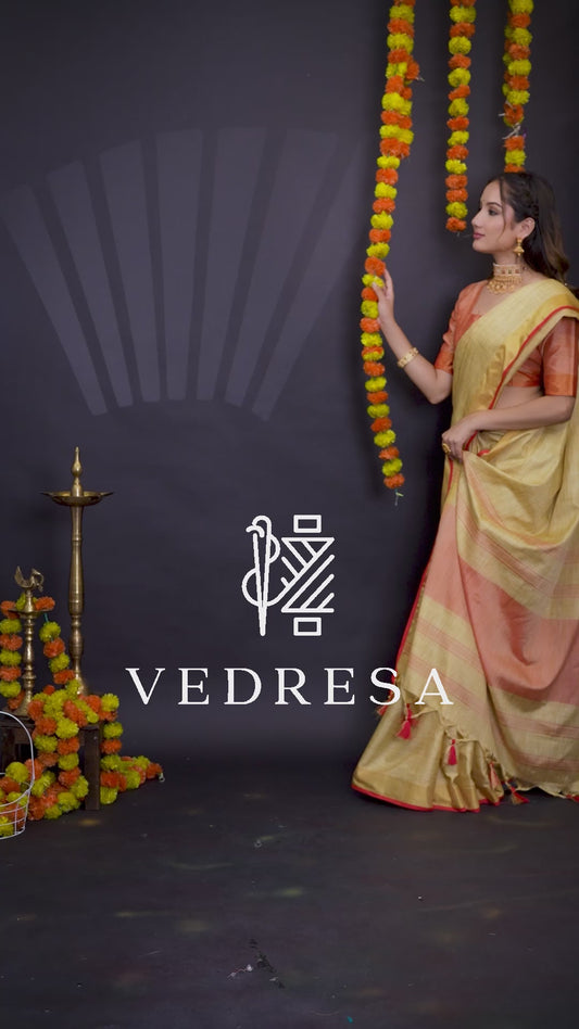 Handloom Cotton Saree with Woven Border & Striped Pallu