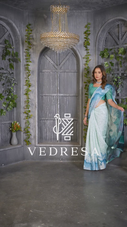 Mint Green Cotton Saree with Abstract Fluid Wave Batik Print