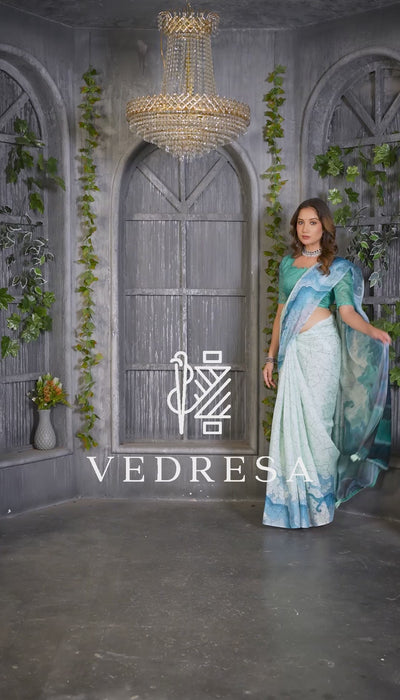 Mint Green Cotton Saree with Abstract Fluid Wave Print